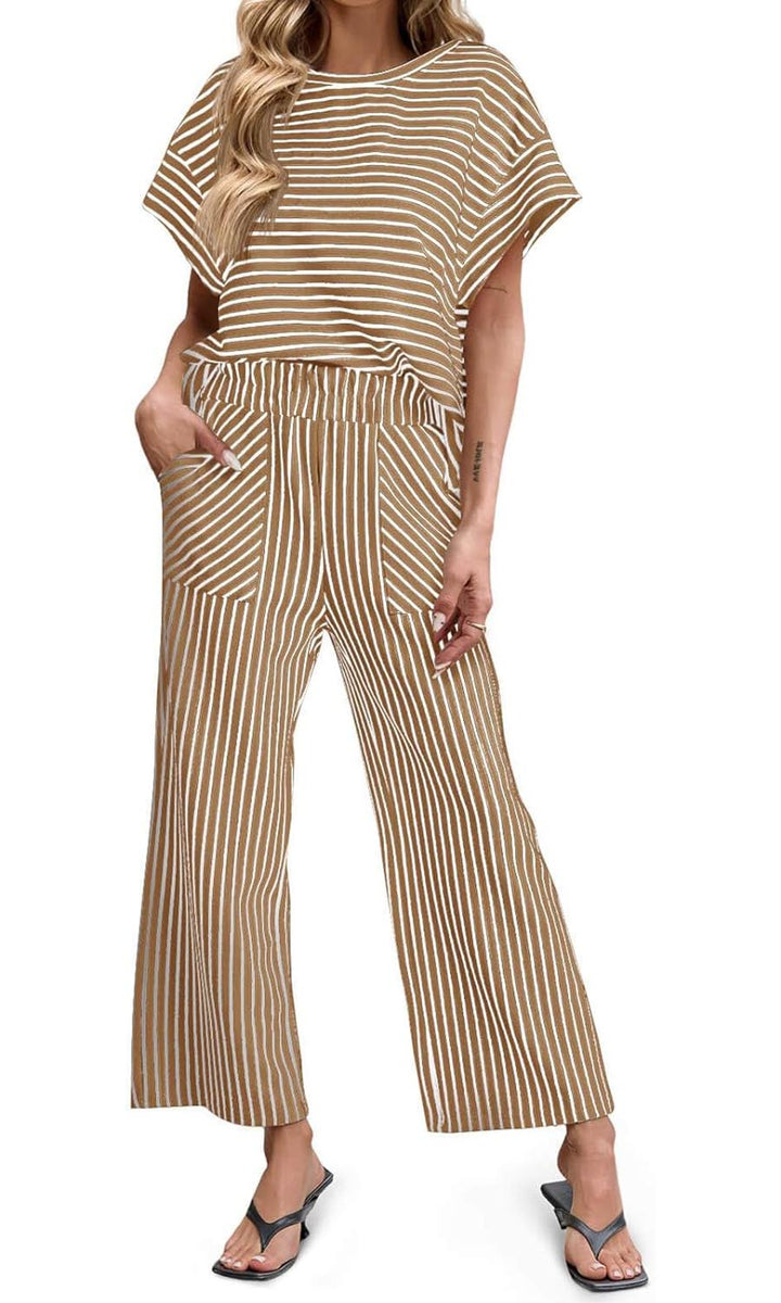 Bea | Ensemble Deux Pièces Rayé T-Shirt Manches Courtes et Pantalon Large