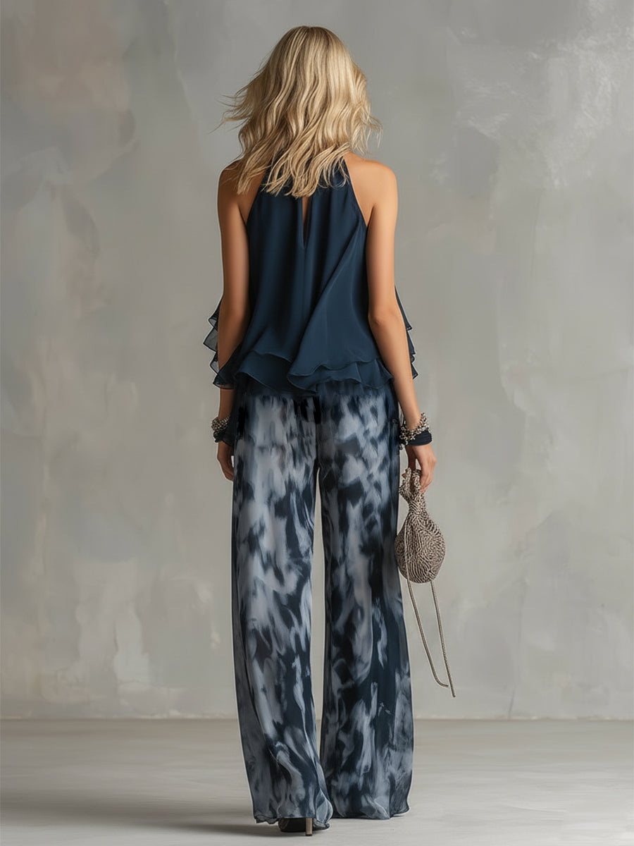 Ludovica | Ensemble Halter Top Volants & Pantalon Large Imprimé Tie-Dye