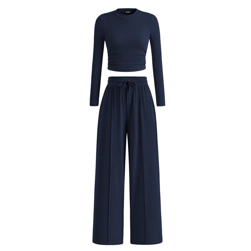MIRELA™ - Ribbed Knit Long Sleeve Crop Top and Matching Pants Set