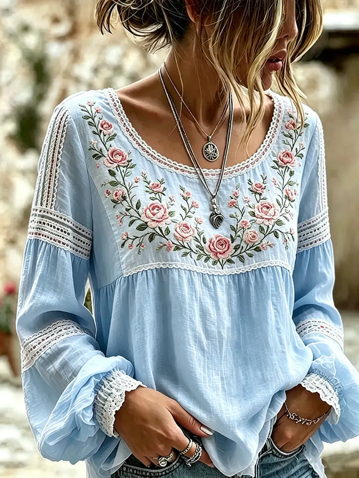 Mireille | Blouse Lin Broderie Roses Col Carré & Insertions Dentelle