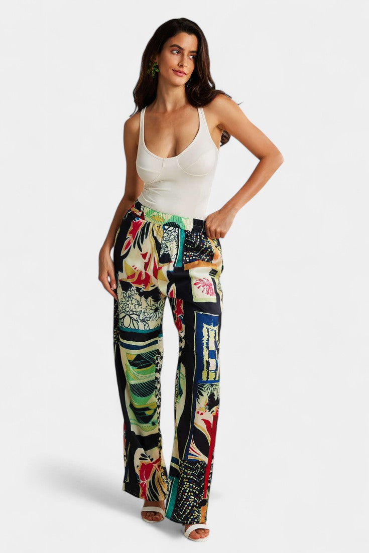 Pantalon droit taille haute à imprimé floral