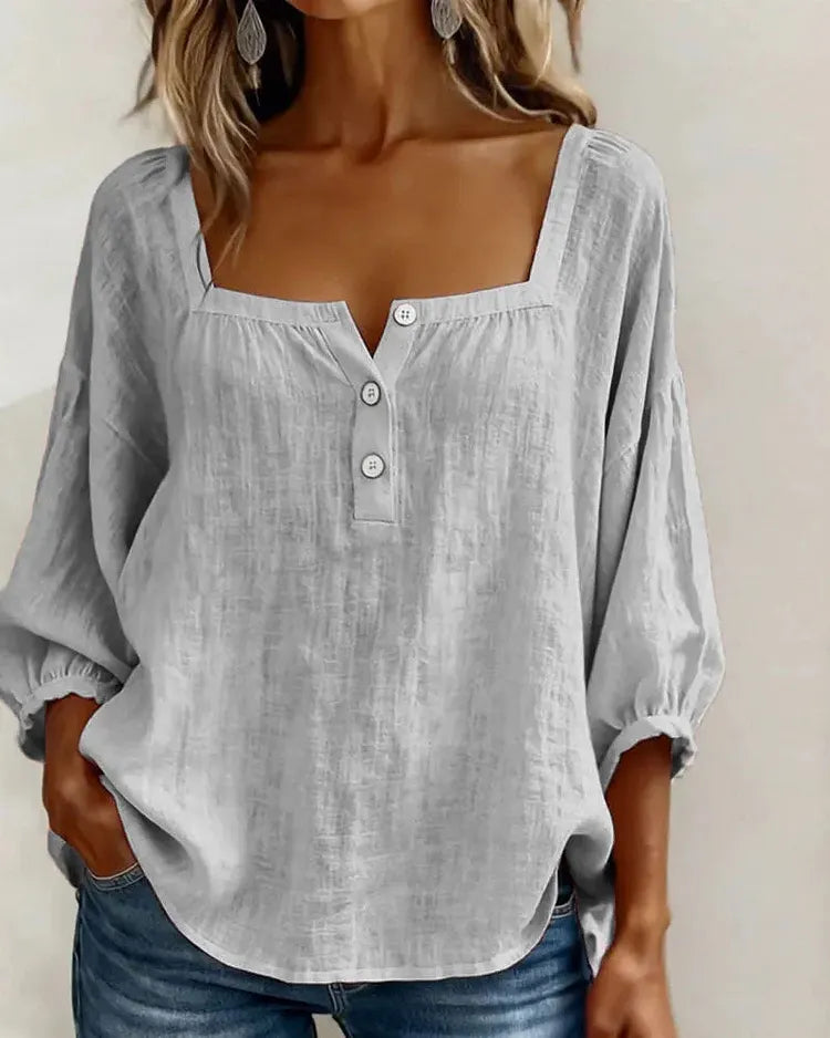 Colette | Blouse Lin Col Carré & Manches Bouffantes