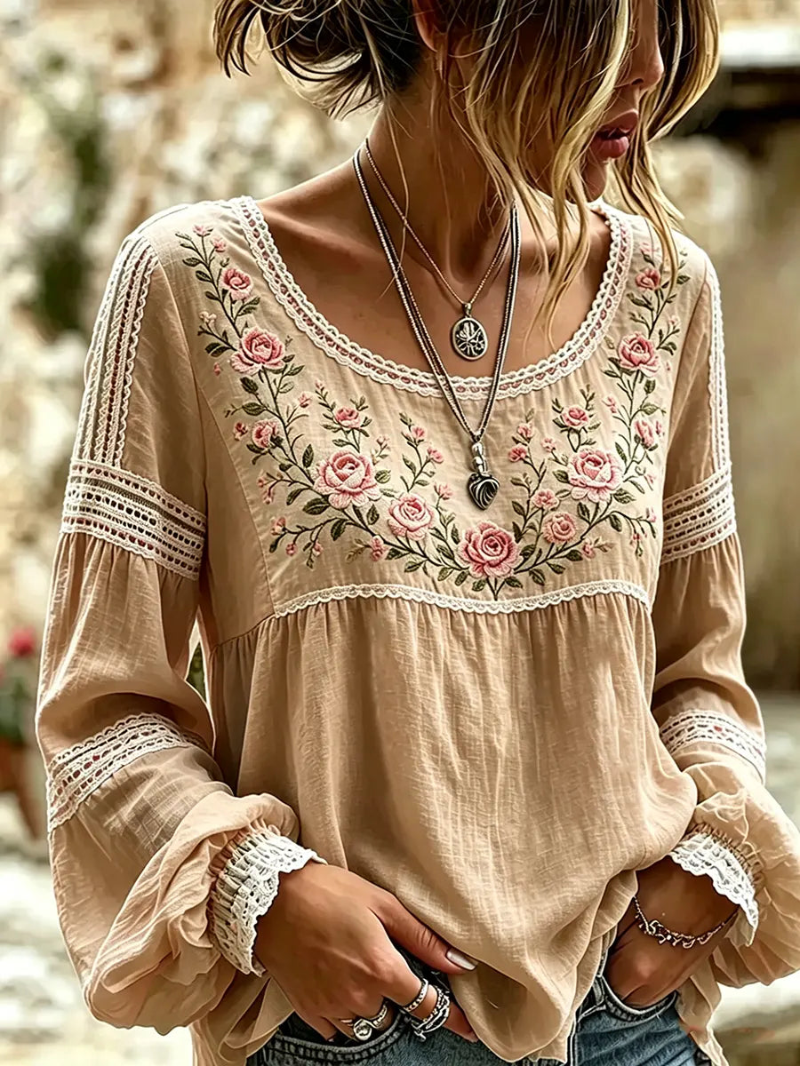 Mireille | Blouse Lin Broderie Roses Col Carré & Insertions Dentelle