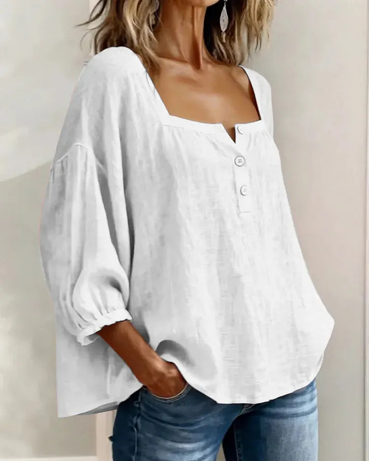 Colette | Blouse Lin Col Carré & Manches Bouffantes