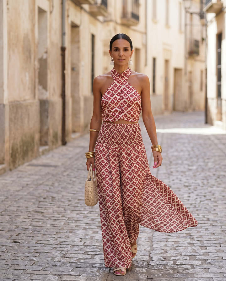 Elsa | Ensemble Halter Croisé & Jupe Maxi Étagée Imprimé Géométrique