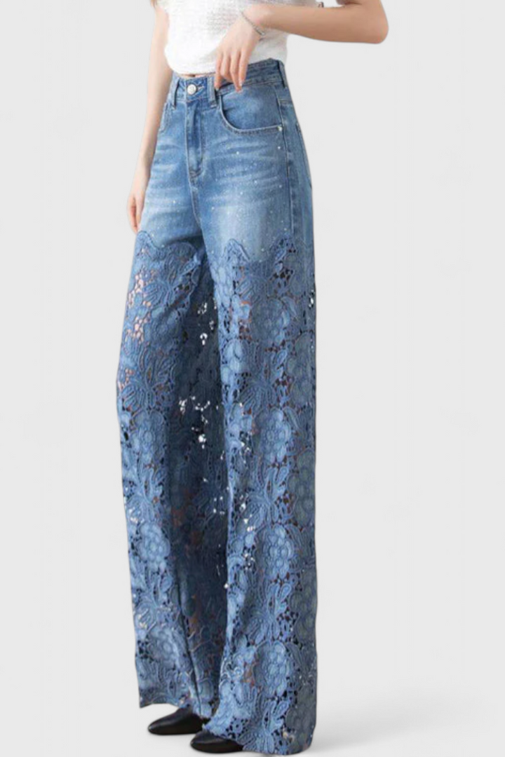 Pantalon palazzo en denim Jasiel avec détails en dentelle ajourée