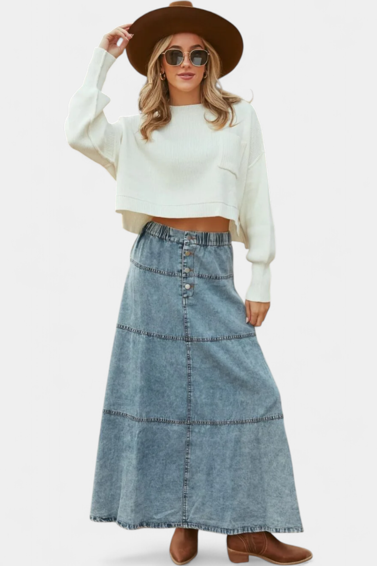 Lorraine Jupe longue en denim avec accents plume
