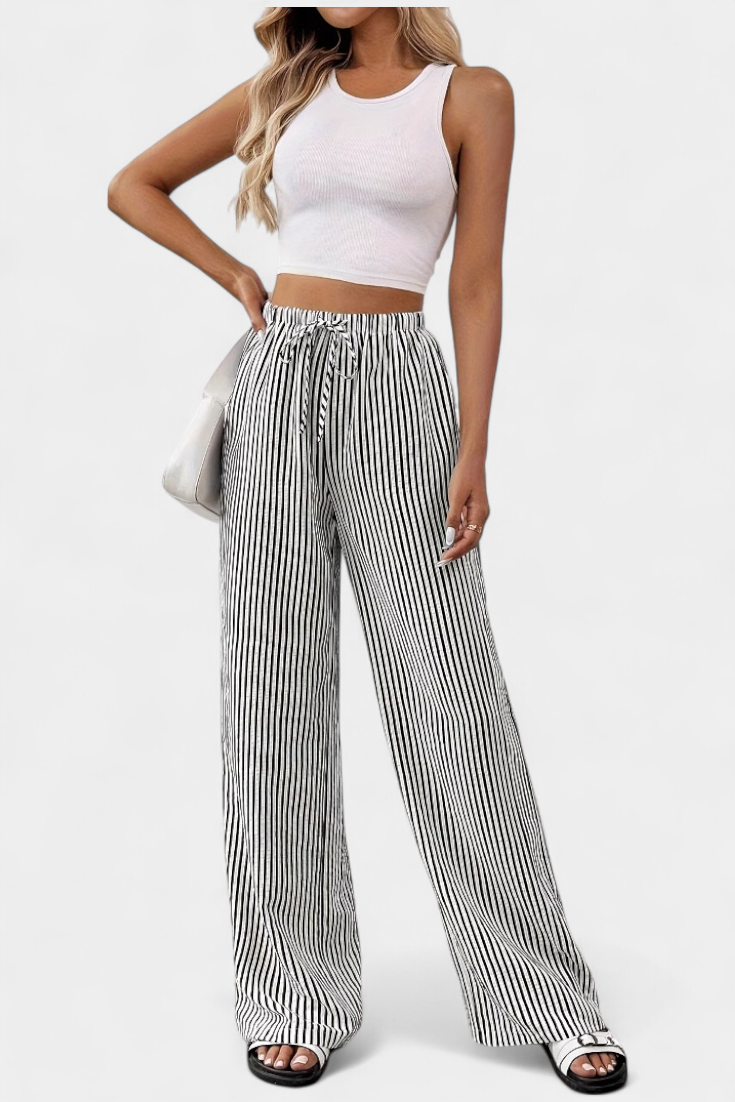 Pantalon droit léger rayé à taille ajustable - Sabrina