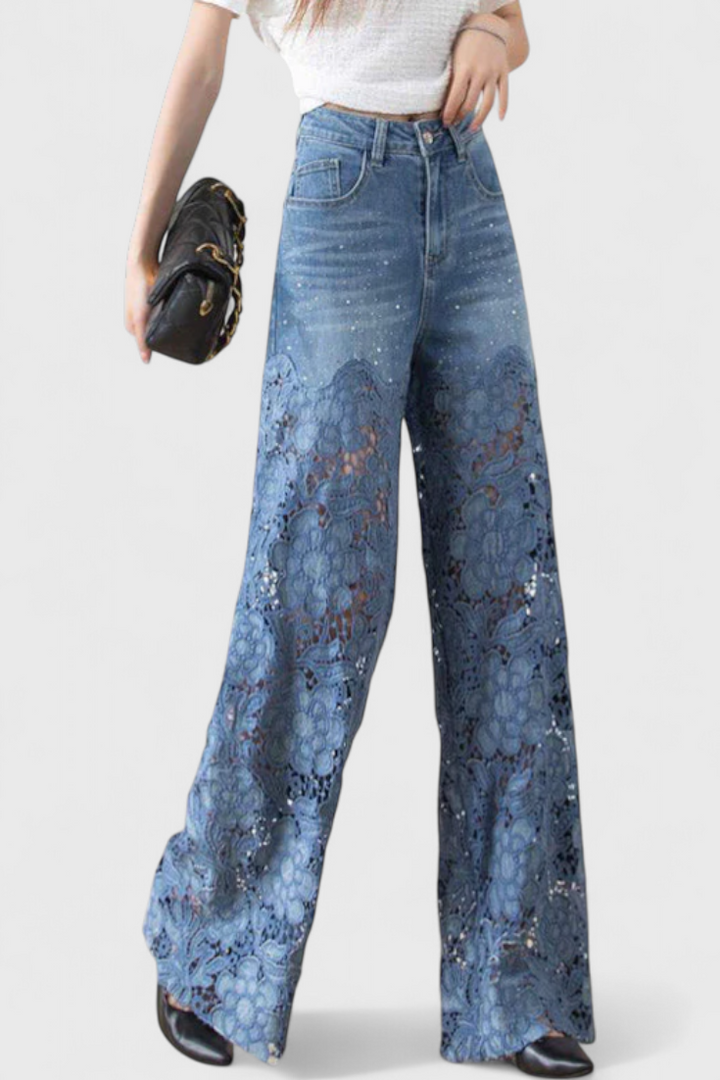 Pantalon palazzo en denim Jasiel avec détails en dentelle ajourée