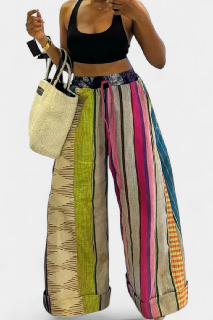 Pantalon large rayé Claudine avec cordon contrastant