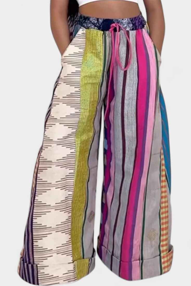 Pantalon large rayé Claudine avec cordon contrastant