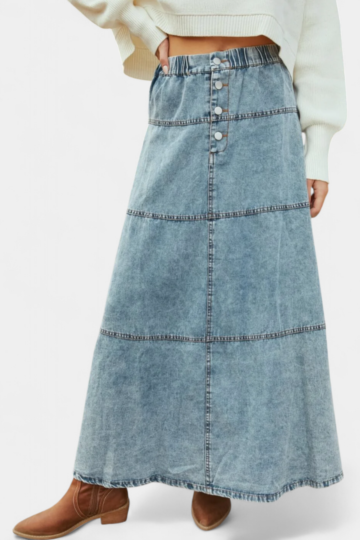 Lorraine Jupe longue en denim avec accents plume