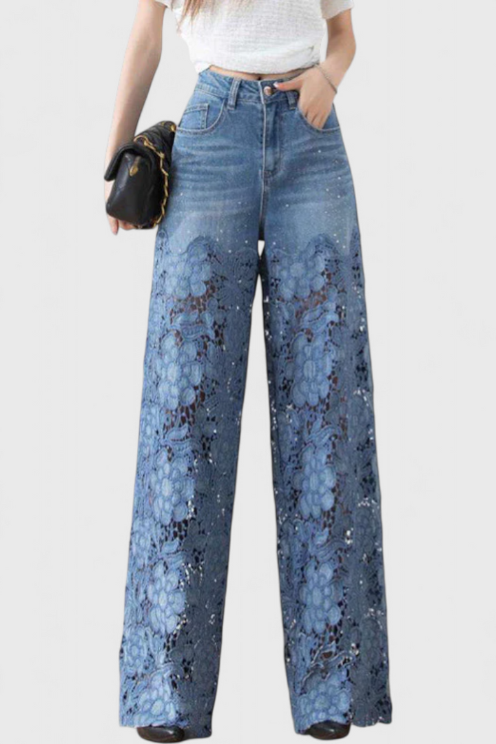 Pantalon palazzo en denim Jasiel avec détails en dentelle ajourée