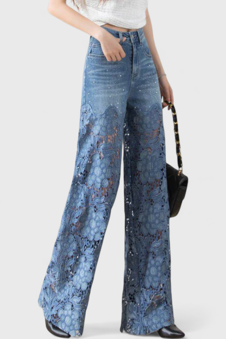 Pantalon palazzo en denim Jasiel avec détails en dentelle ajourée