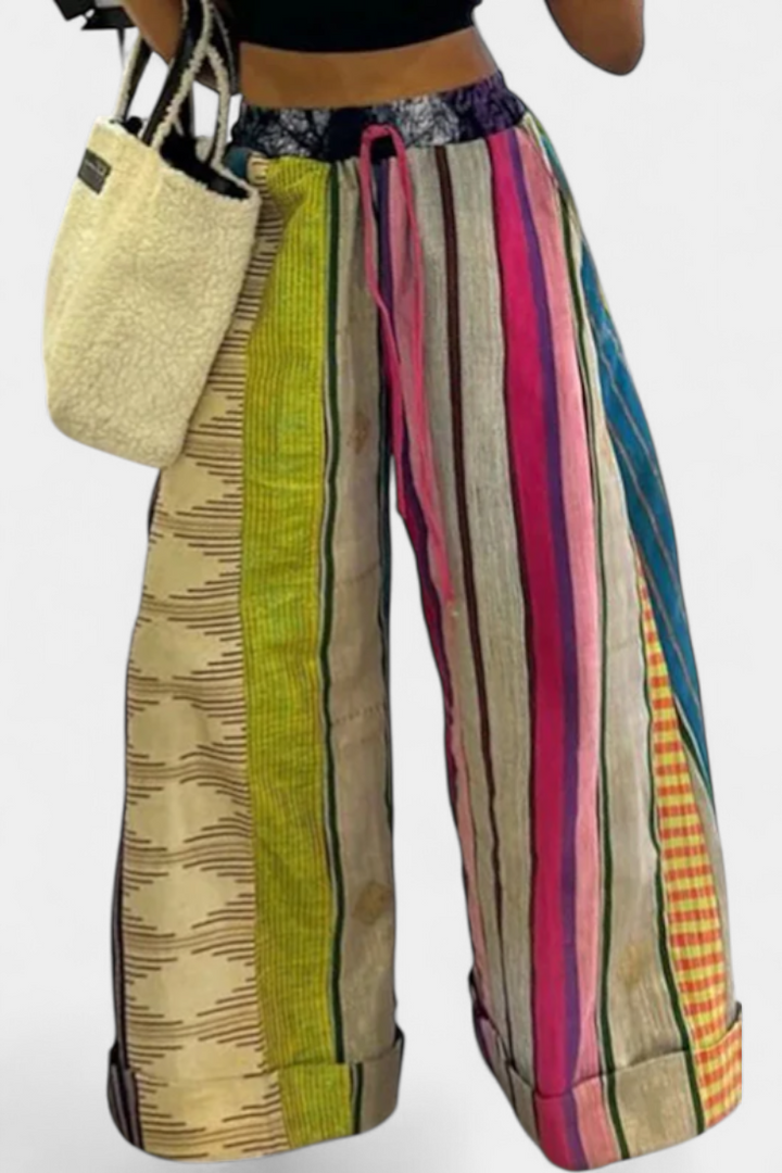Pantalon large rayé Claudine avec cordon contrastant