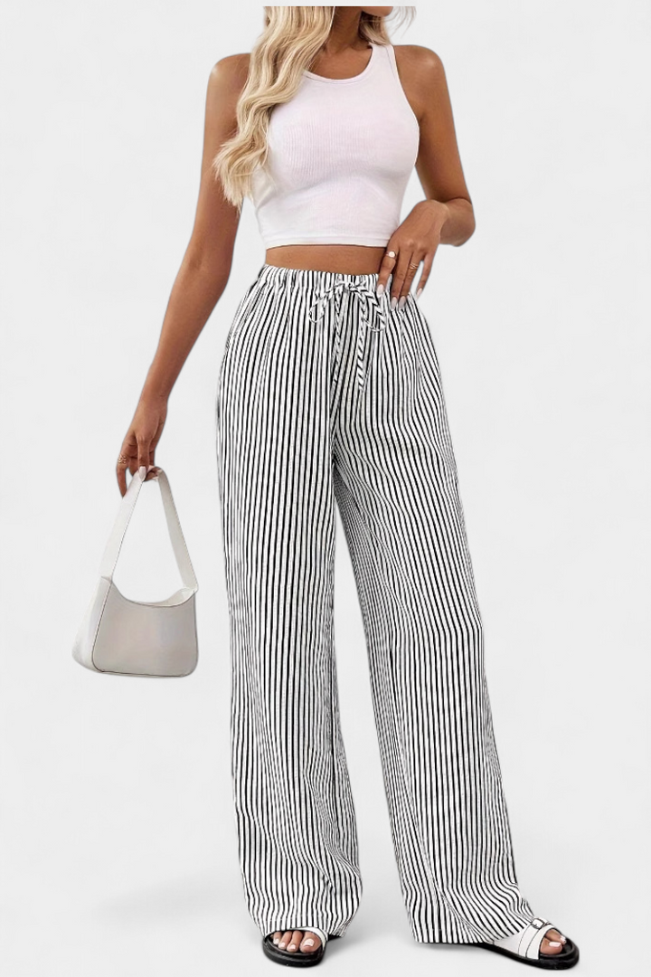 Pantalon droit léger rayé à taille ajustable - Sabrina