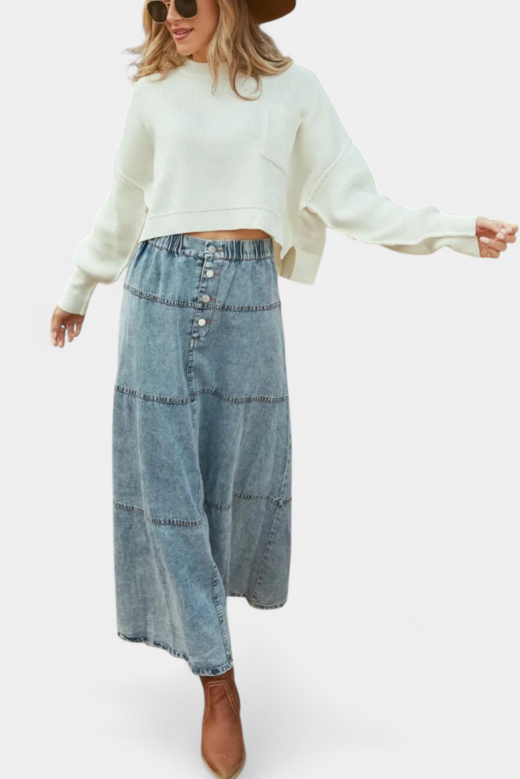 Lorraine Jupe longue en denim avec accents plume