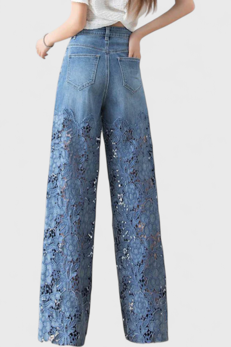Pantalon palazzo en denim Jasiel avec détails en dentelle ajourée
