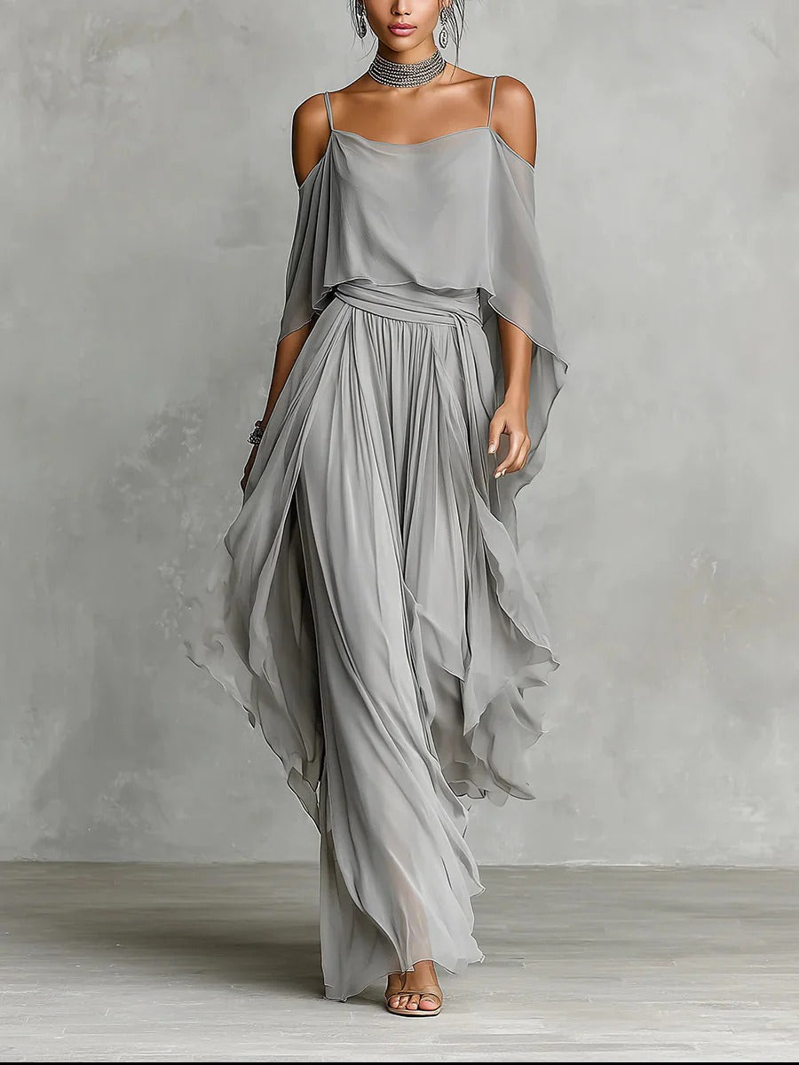 Isabela | Ensemble Fluide Gris Élégant Top à Bretelles & Pantalon Léger