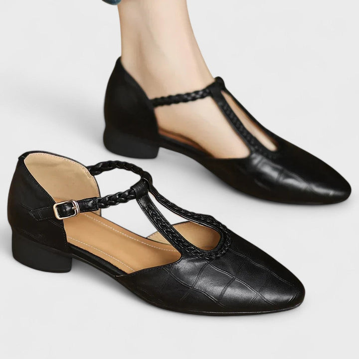 Colette | Babies Cuir Effet Croco Bride T-Bar Tressée & Talon Bloc