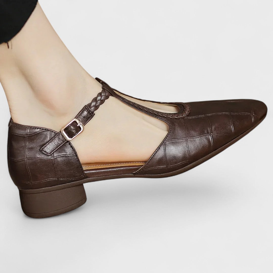 Colette | Babies Cuir Effet Croco Bride T-Bar Tressée & Talon Bloc