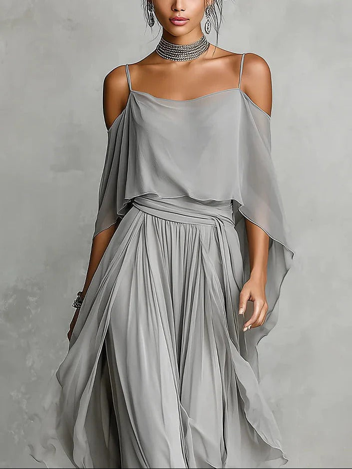Isabela | Ensemble Fluide Gris Élégant Top à Bretelles & Pantalon Léger