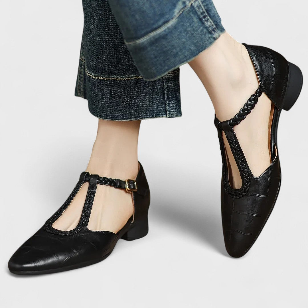 Colette | Babies Cuir Effet Croco Bride T-Bar Tressée & Talon Bloc