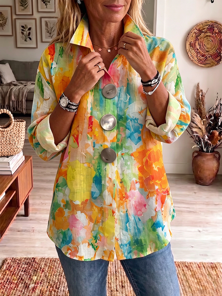 Palette | Chemise Lin Imprimé Aquarelle Multicolore & Grands Boutons Argentés