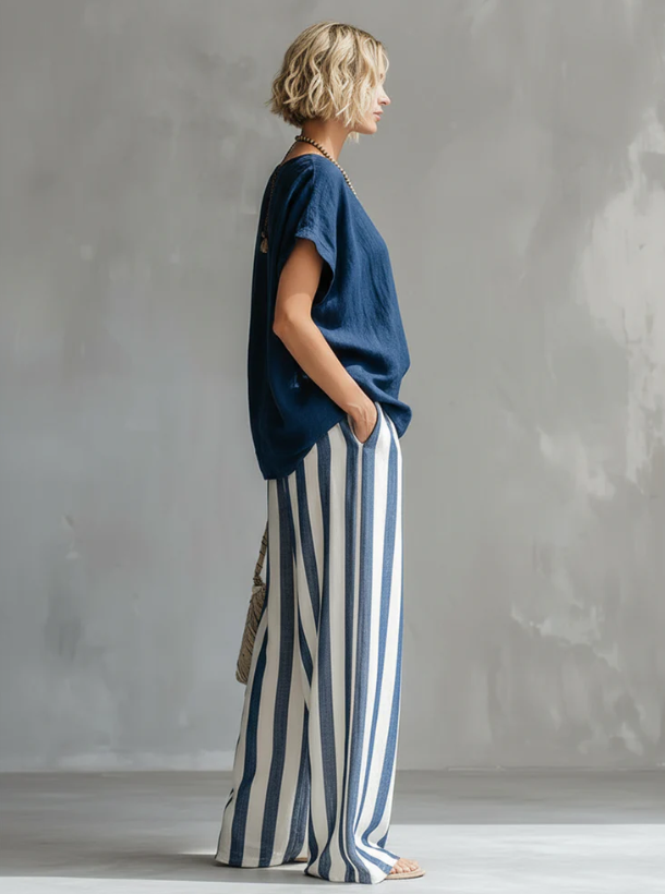 Sienna | Ensemble Deux Pièces Ample en Coton et Lin à Rayures