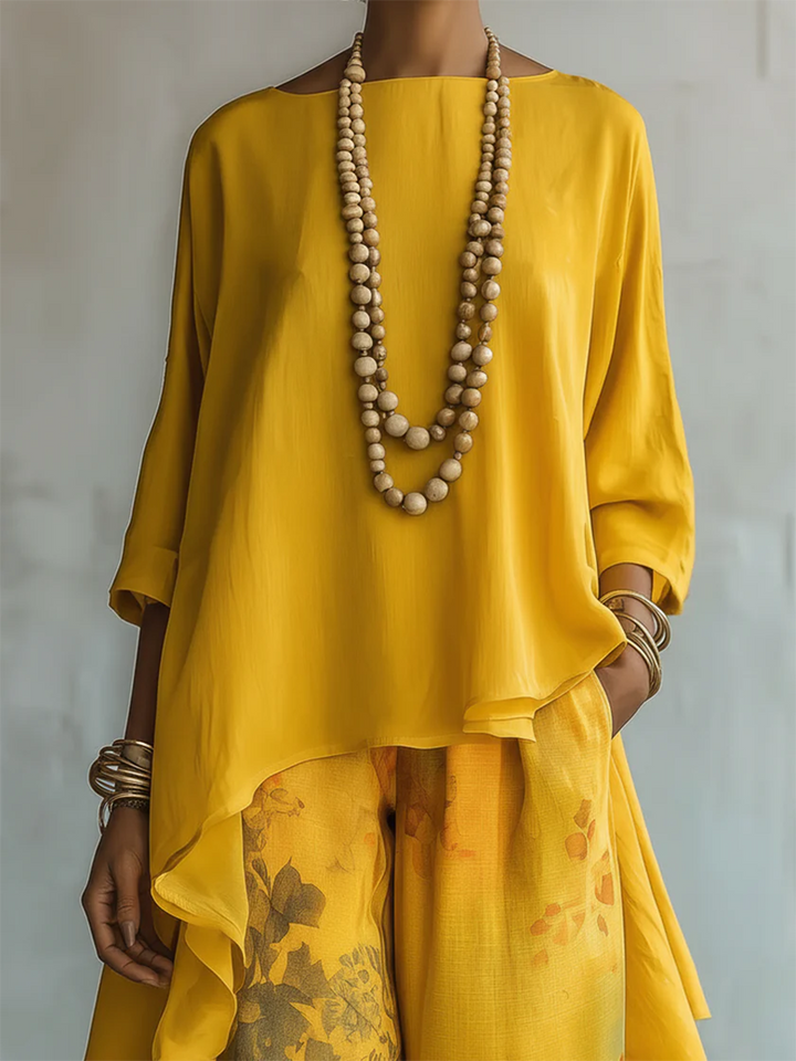 Solange | Ensemble Tunique Asymétrique Unie & Pantalon Large Fleuri