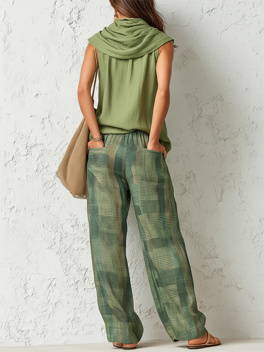 Odette | Ensemble 3 Pièces Lin Top, Foulard & Pantalon Carreaux