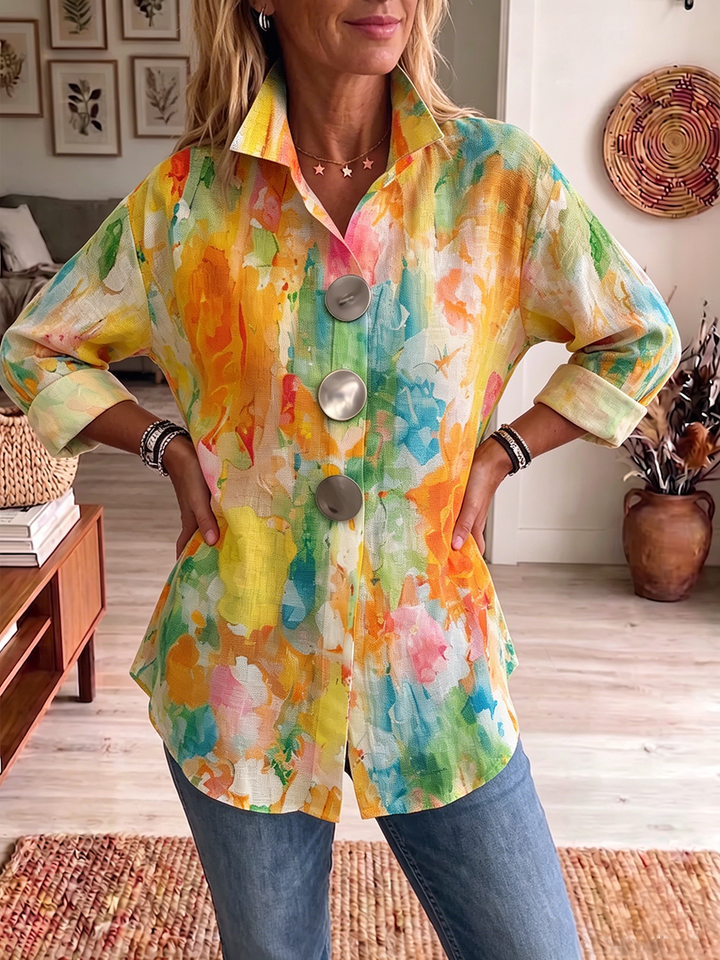 Palette | Chemise Lin Imprimé Aquarelle Multicolore & Grands Boutons Argentés