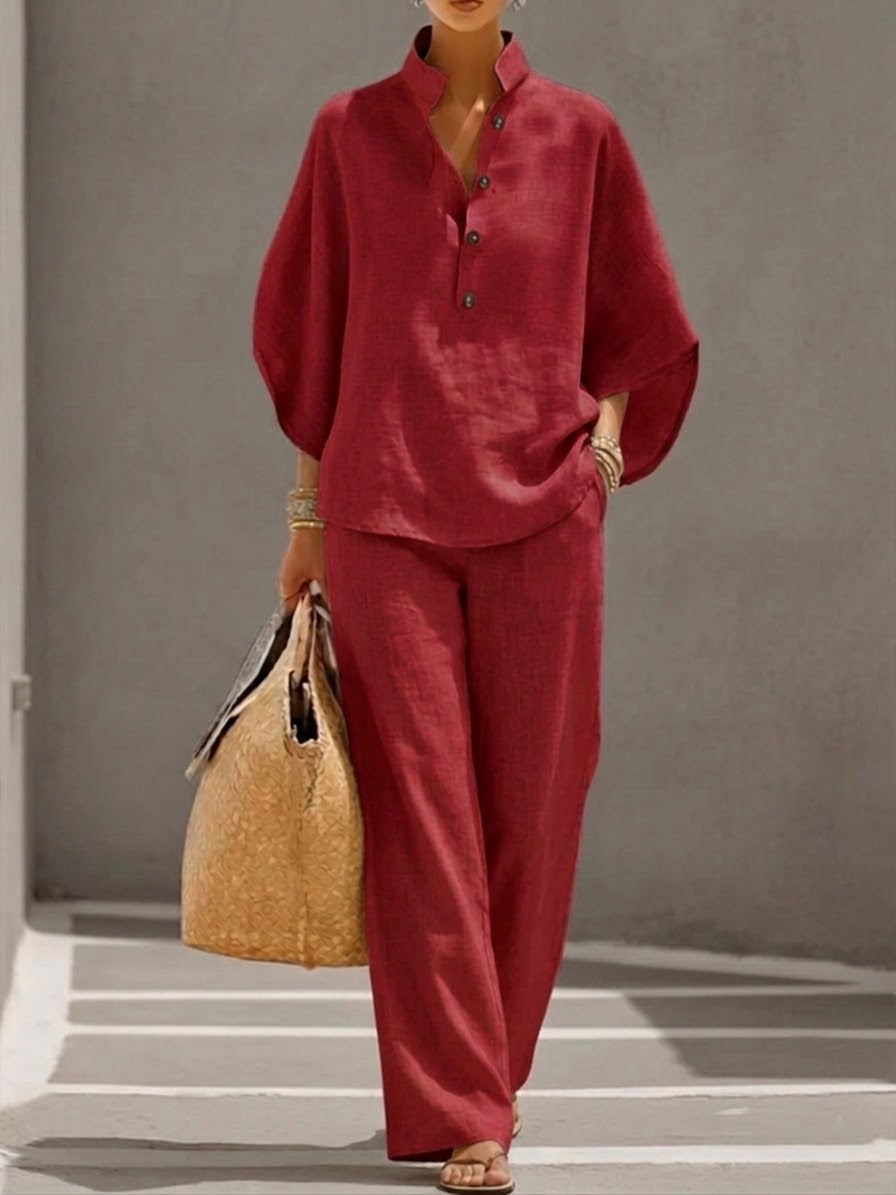 Mariel | Ensemble Coton Lin Manches Chauve-Souris Pantalon Large