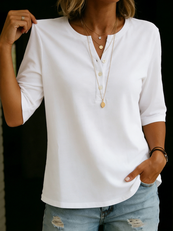 Pauline | Top Henley Col Boutonné Manches 3/4 & Coupe Décontractée