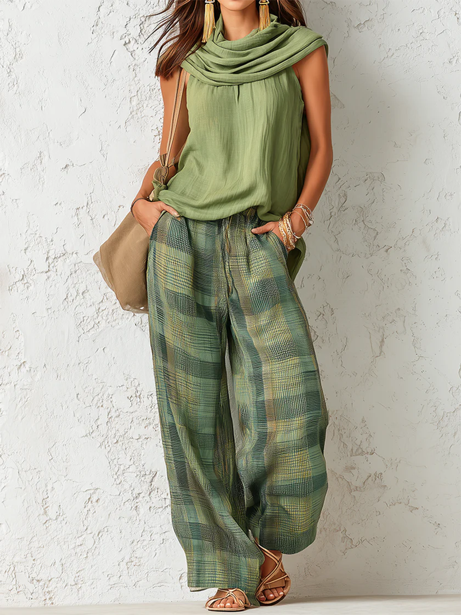 Odette | Ensemble 3 Pièces Lin Top, Foulard & Pantalon Carreaux