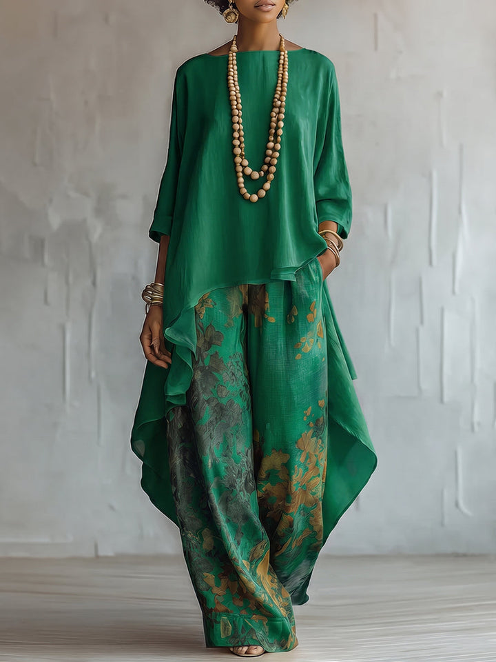 Solange | Ensemble Tunique Asymétrique Unie & Pantalon Large Fleuri