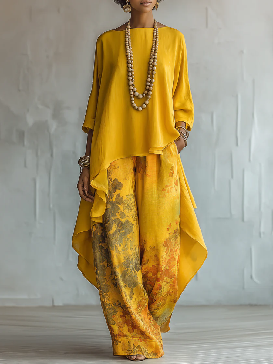 Solange | Ensemble Tunique Asymétrique Unie & Pantalon Large Fleuri