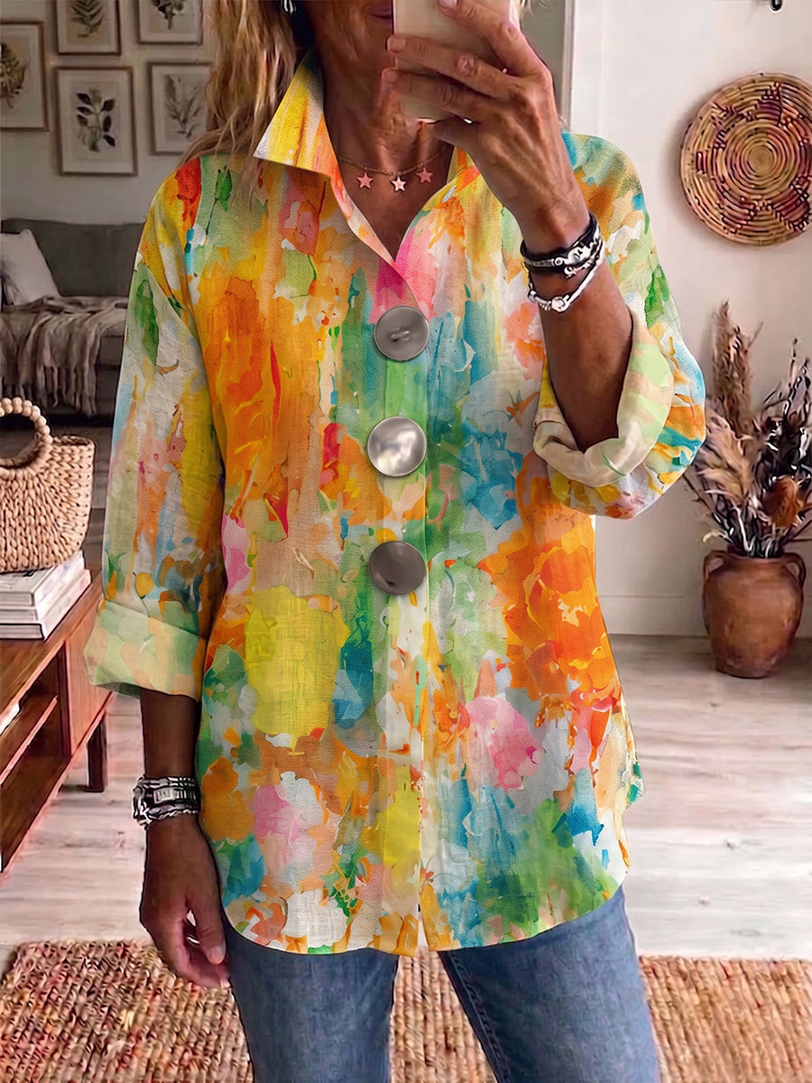 Palette | Chemise Lin Imprimé Aquarelle Multicolore & Grands Boutons Argentés