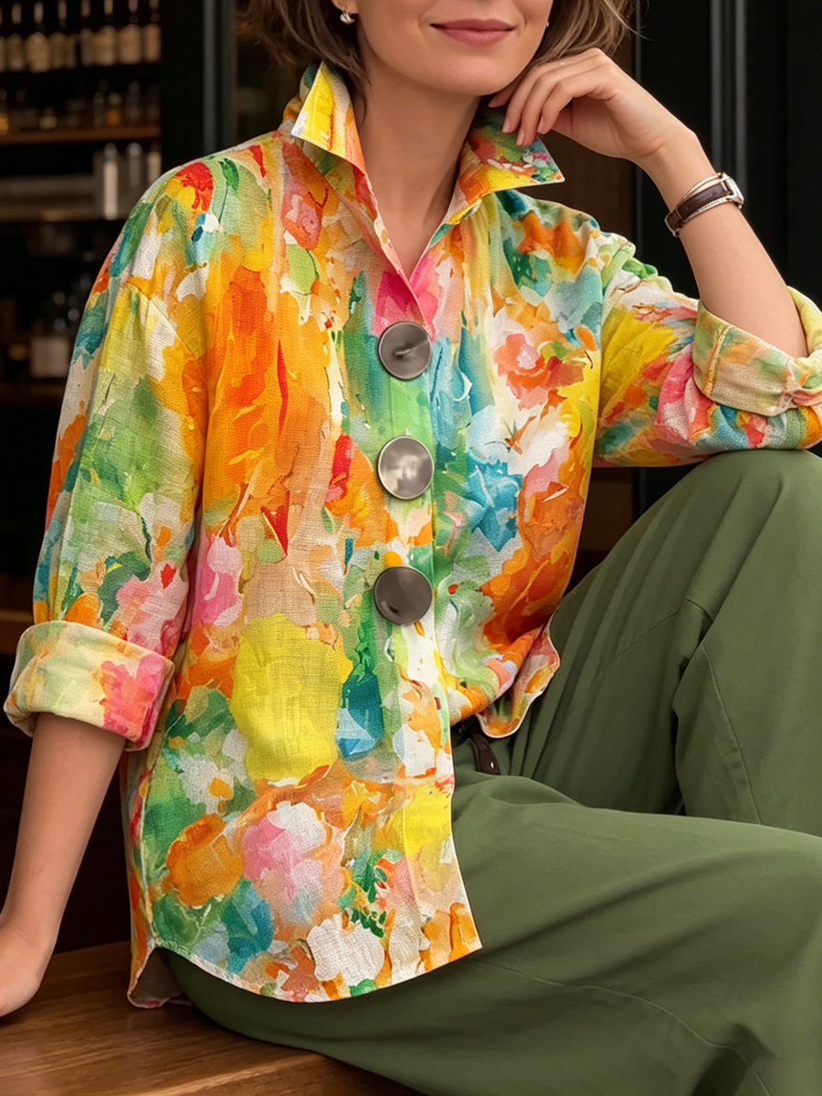 Palette | Chemise Lin Imprimé Aquarelle Multicolore & Grands Boutons Argentés