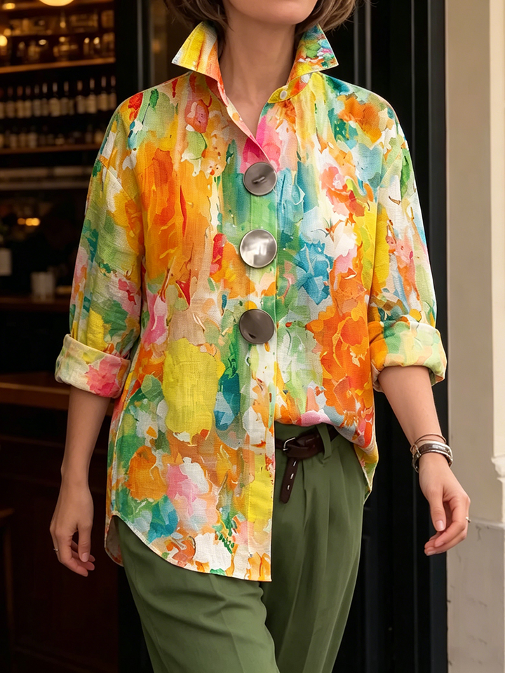 Palette | Chemise Lin Imprimé Aquarelle Multicolore & Grands Boutons Argentés