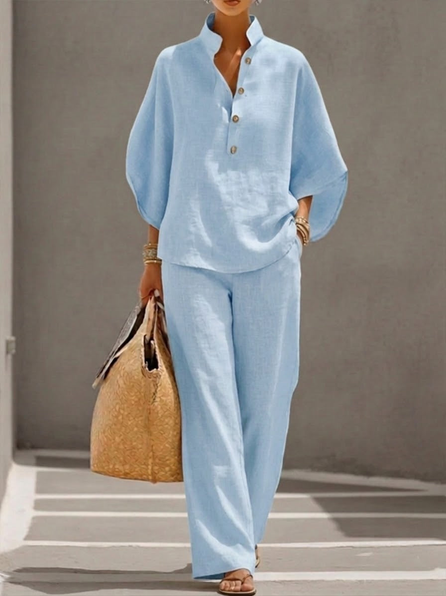 Mariel | Ensemble Coton Lin Manches Chauve-Souris Pantalon Large