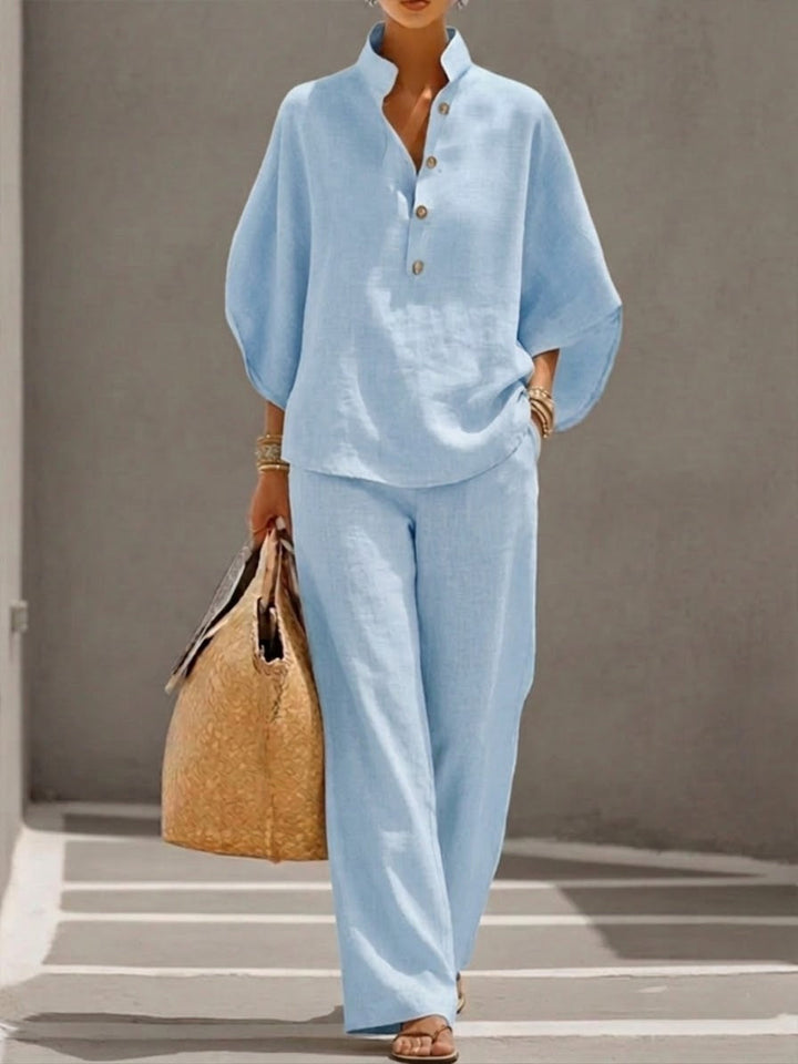 Mariel | Ensemble Coton Lin Manches Chauve-Souris Pantalon Large