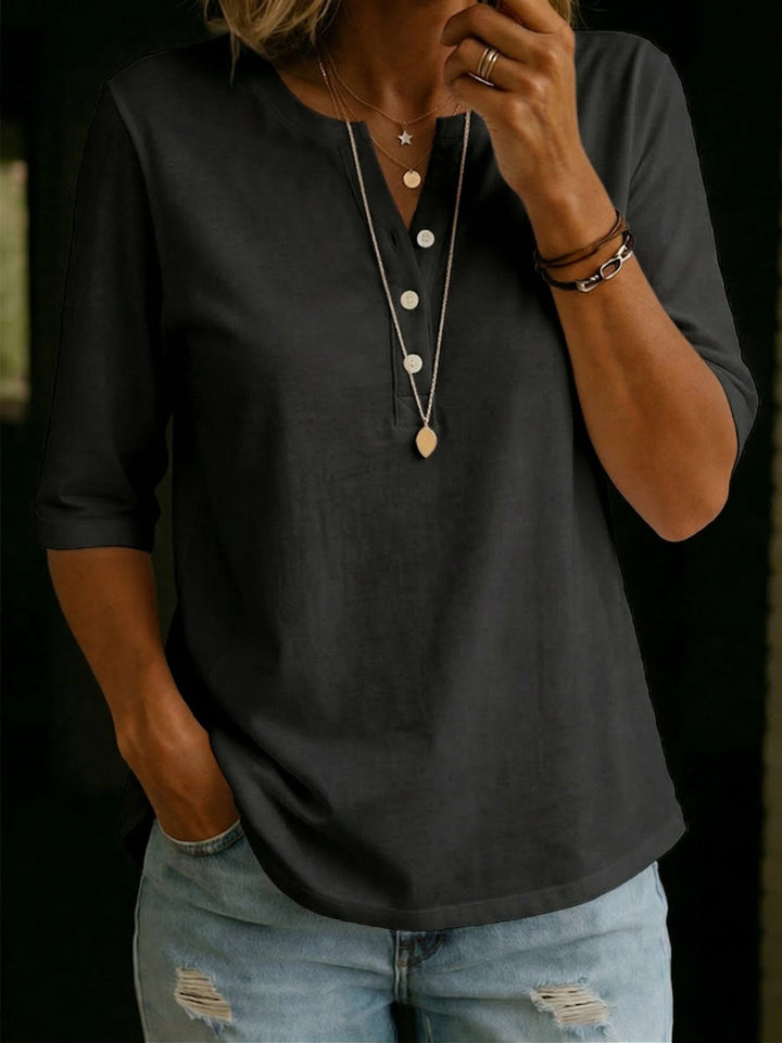 Pauline | Top Henley Col Boutonné Manches 3/4 & Coupe Décontractée