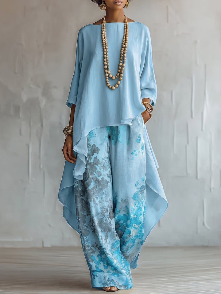 Solange | Ensemble Tunique Asymétrique Unie & Pantalon Large Fleuri