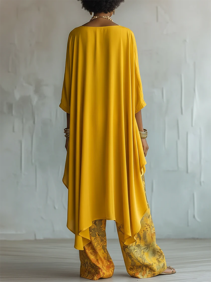 Solange | Ensemble Tunique Asymétrique Unie & Pantalon Large Fleuri