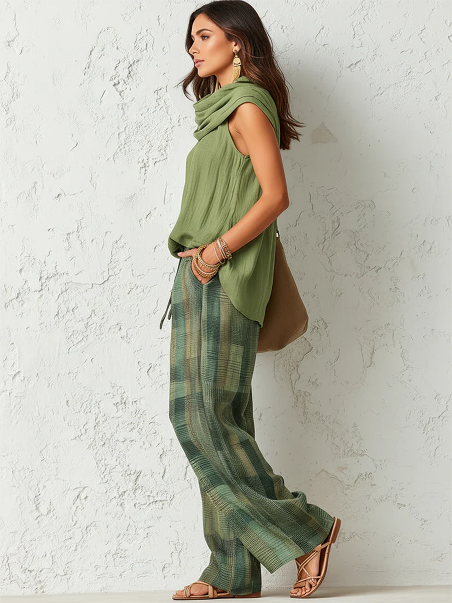 Odette | Ensemble 3 Pièces Lin Top, Foulard & Pantalon Carreaux