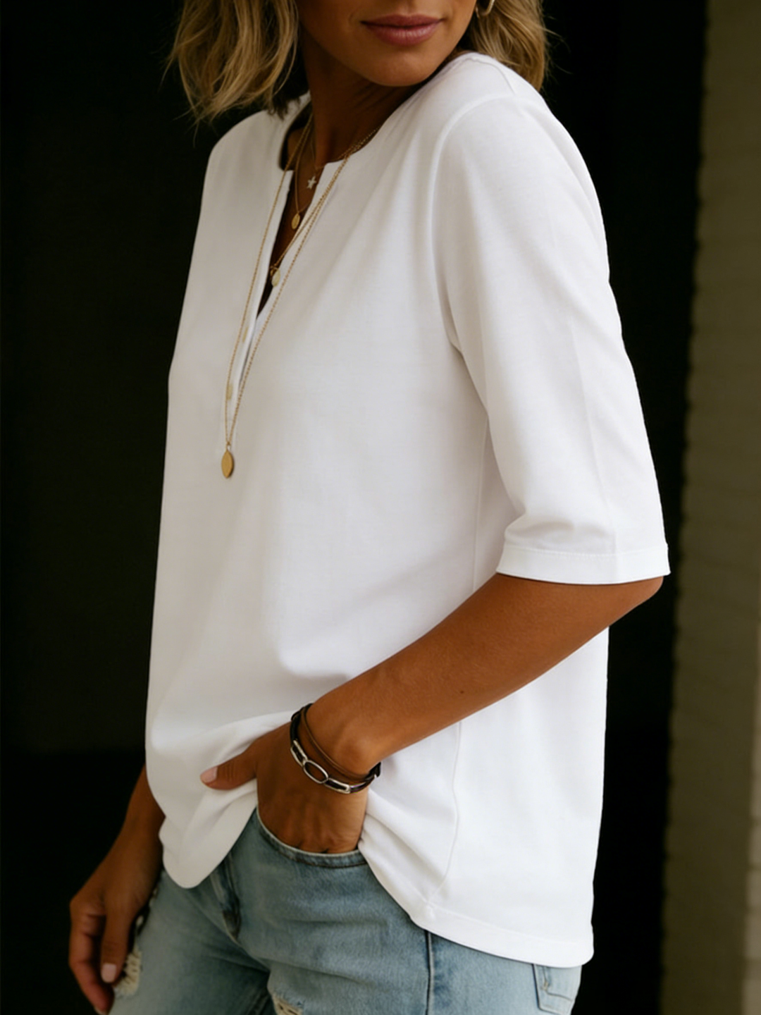 Pauline | Top Henley Col Boutonné Manches 3/4 & Coupe Décontractée