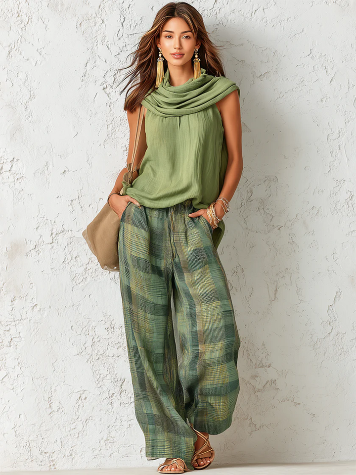Odette | Ensemble 3 Pièces Lin Top, Foulard & Pantalon Carreaux
