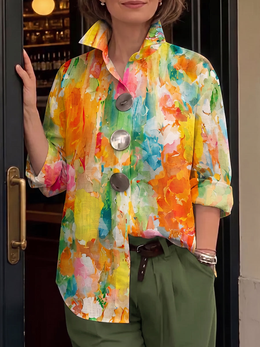 Palette | Chemise Lin Imprimé Aquarelle Multicolore & Grands Boutons Argentés