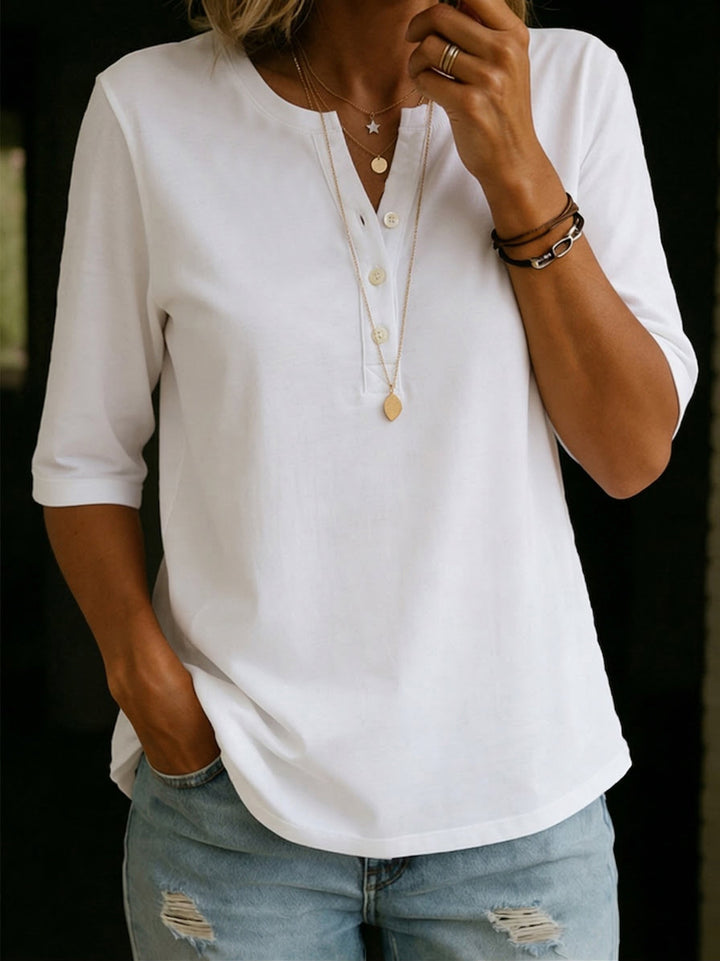 Pauline | Top Henley Col Boutonné Manches 3/4 & Coupe Décontractée